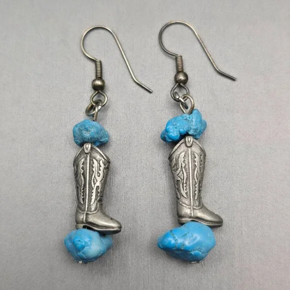 Western Boot Earrings | Turquoise Howlite | Pewter Finish | 2.25" VTG - Picture 3 of 5